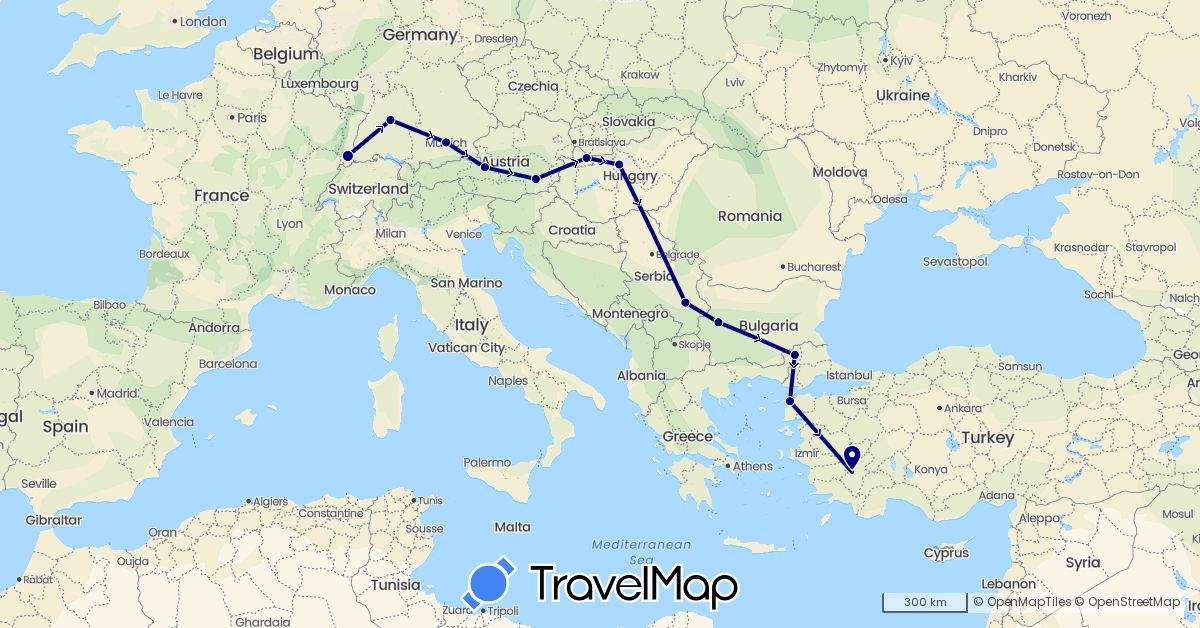 TravelMap itinerary: driving in Austria, Bulgaria, Germany, France, Hungary, Serbia, Turkey (Asia, Europe)